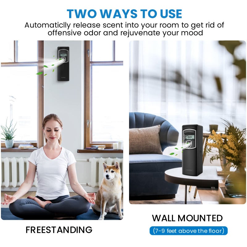 SVAVO Automatic LCD Fragrance Dispenser - Wall Mount/Free Standing ABS Auto Air Freshener Dispenser Programmable Aerosol Spray Perfume Dispenser (Black, LCD) - Image 4